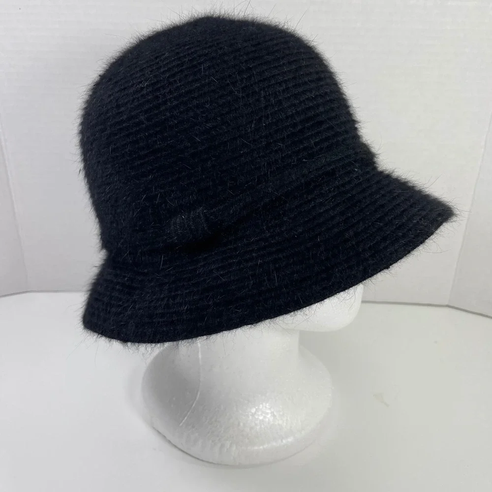Vintage Nine West Angora Blend Cloche Bucket Hat Womens Black Fuzzy Bow Y2K